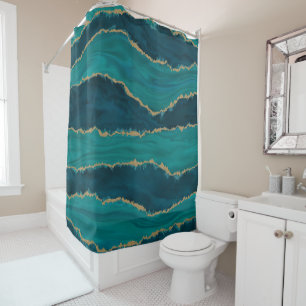 Teal Ocean Waves with Gold Accents Shower Curtain