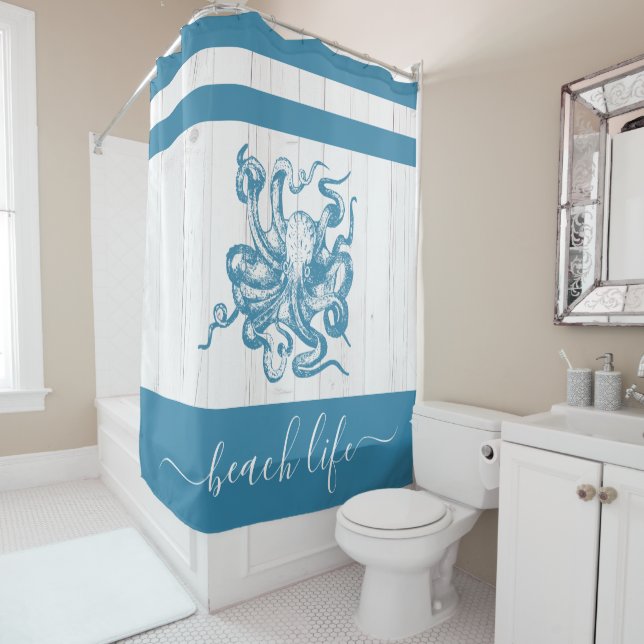 Teal octopus beach life script white rustic wood shower curtain (In Situ)