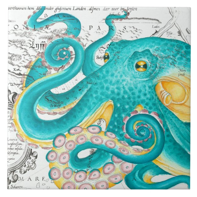 Teal Octopus Nautical Map Watercolor Ceramic Tile (Front)
