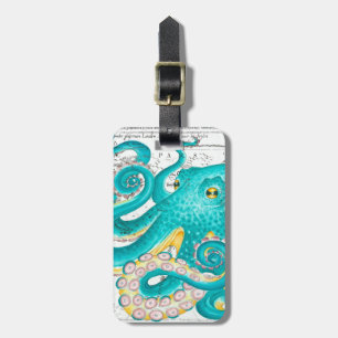 Teal Octopus Nautical Map Watercolor Luggage Tag