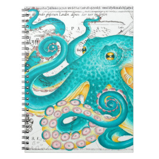 Teal Octopus Nautical Map Watercolor Notebook