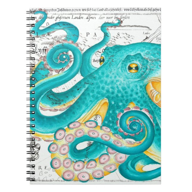 Teal Octopus Nautical Map Watercolor Notebook (Front)