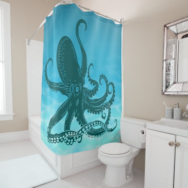Teal Octopus Ocean Water Background Shower Curtain (In Situ)