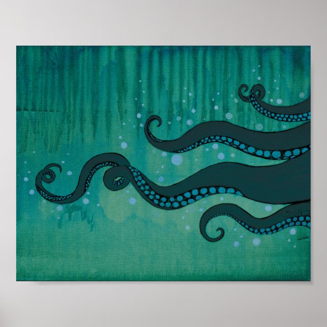 Teal Octopus Tentacles Acrylic Painting Poster (Front)