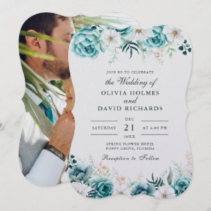 Teal Off-White Wildflowers Couple Photo Wedding Invitation