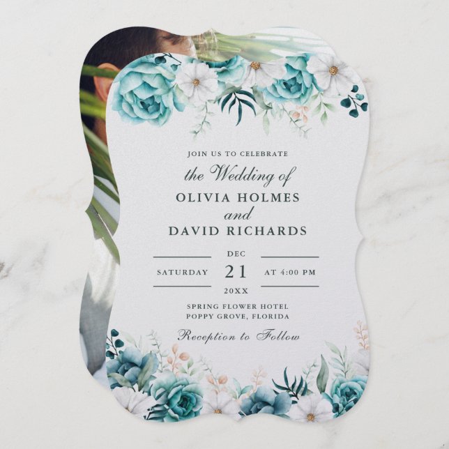 Teal Off-White Wildflowers Couple Photo Wedding Invitation (Front/Back)