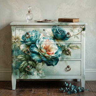 Teal Oil Paint Blue Rose Branch Decoupage Tissue Paper