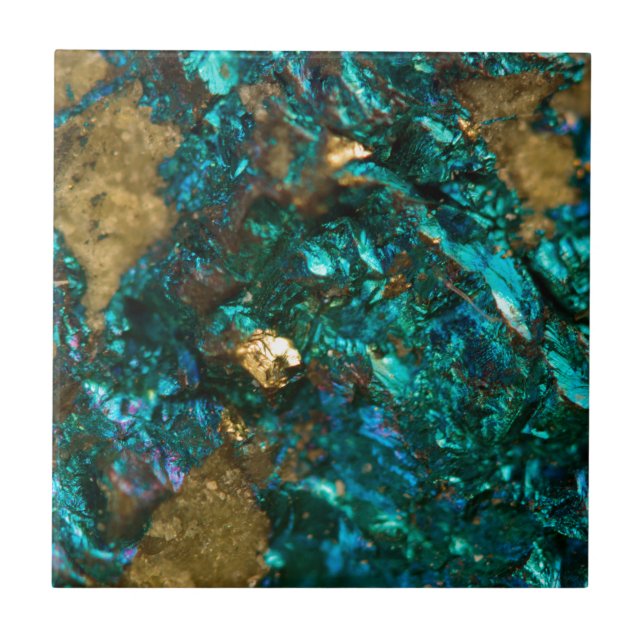 Teal Oil Slick and Gold Quartz Ceramic Tile (Front)