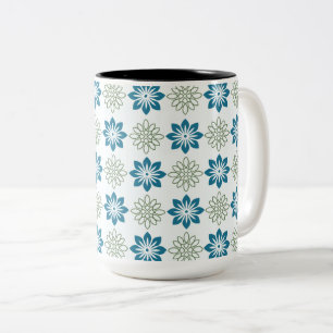 Teal & Olive Green Geometric Floral Two-Tone Coffee Mug