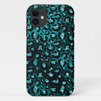 Teal Ombre & Black Glam Glitter Leopard Spots