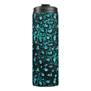 Teal Ombre & Black Glam Glitter Leopard Spots Thermal Tumbler