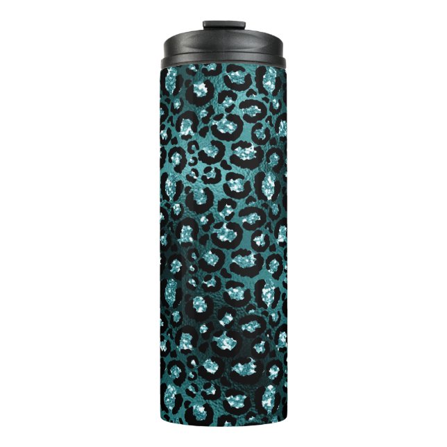 Teal Ombre & Black Glam Glitter Leopard Spots Thermal Tumbler (Front)