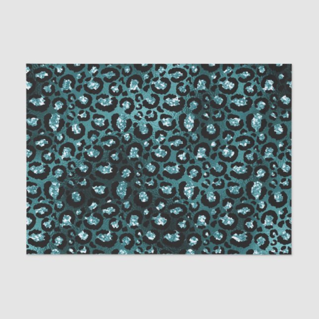 Teal Ombre & Black Glam Glitter Leopard Spots Tissue Paper (Front)