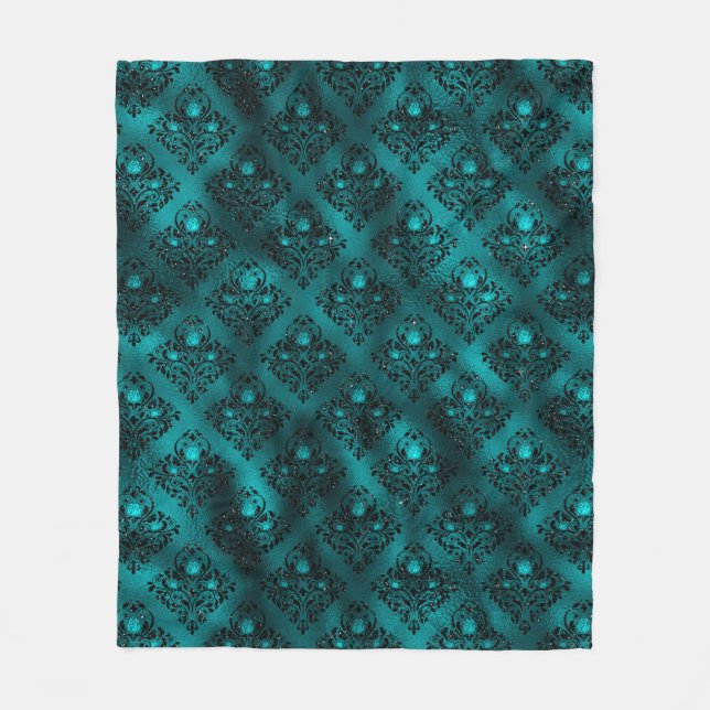 Teal Ombre Glam Glitter Damask Pattern Fleece Blanket (Front)