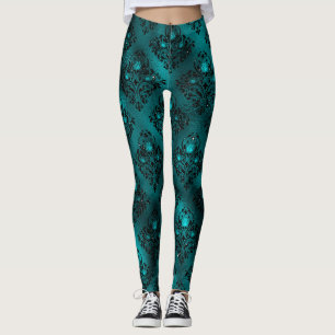Teal Ombre Glam Glitter Damask Pattern Leggings