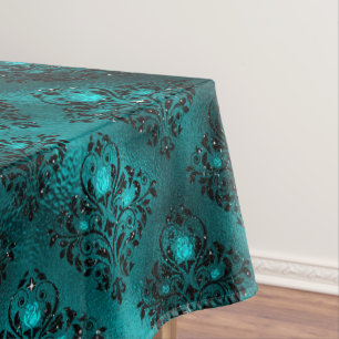 Teal Ombre Glam Glitter Damask Pattern Tablecloth