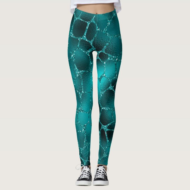 Teal Ombre Glam Glitter Giraffe Spots Pattern Leggings (Front)
