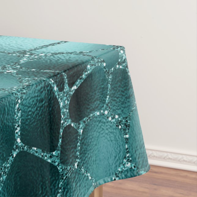 Teal Ombre Glam Glitter Giraffe Spots Pattern Tablecloth (In Situ)