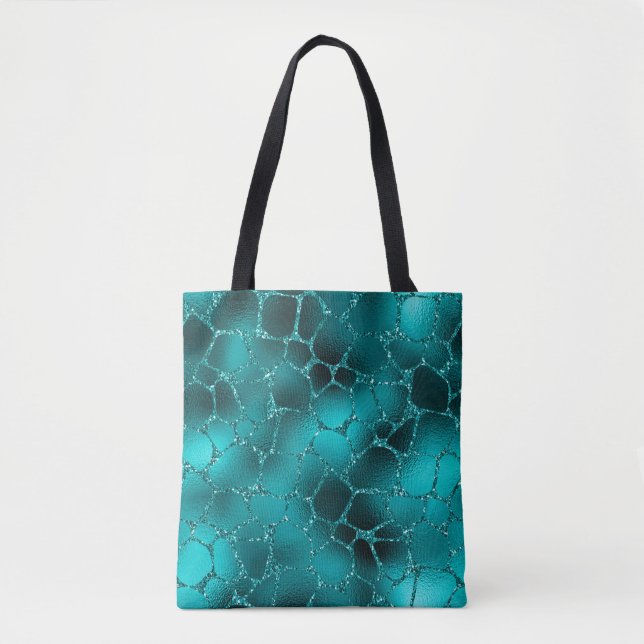 Teal Ombre Glam Glitter Giraffe Spots Pattern Tote Bag (Front)