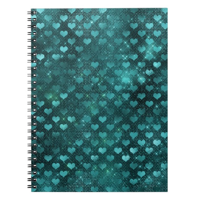 Teal Ombre Glam Glitter Hearts Pattern Notebook (Front)