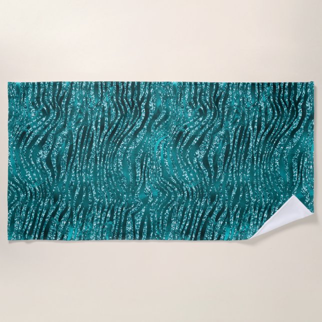 Teal Ombre Glam Glitter Tiger Stripes Pattern Beach Towel (Front)