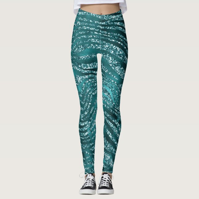Teal Ombre Glam Glitter Tiger Stripes Pattern Leggings (Front)