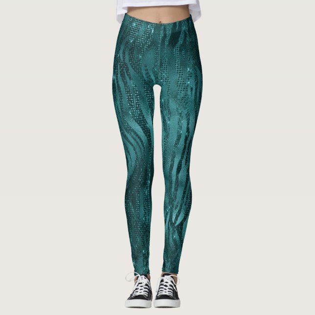 Teal Ombre Glam Glitter Tiger Stripes Pattern Leggings (Front)