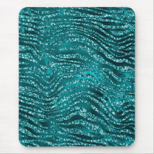 Teal Ombre Glam Glitter Tiger Stripes Pattern Mouse Pad