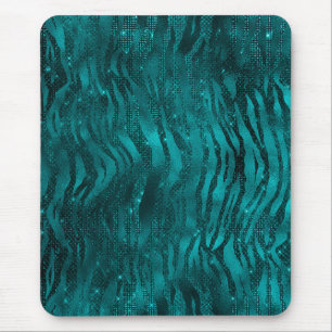 Teal Ombre Glam Glitter Tiger Stripes Pattern Mouse Pad