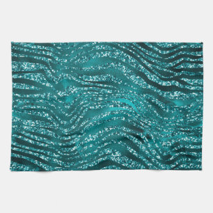 Teal Ombre Glam Glitter Tiger Stripes Pattern Tea Towel