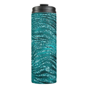 Teal Ombre Glam Glitter Tiger Stripes Pattern Thermal Tumbler