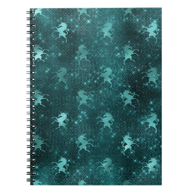 Teal Ombre Glam Glitter Unicorns Pattern Notebook (Front)