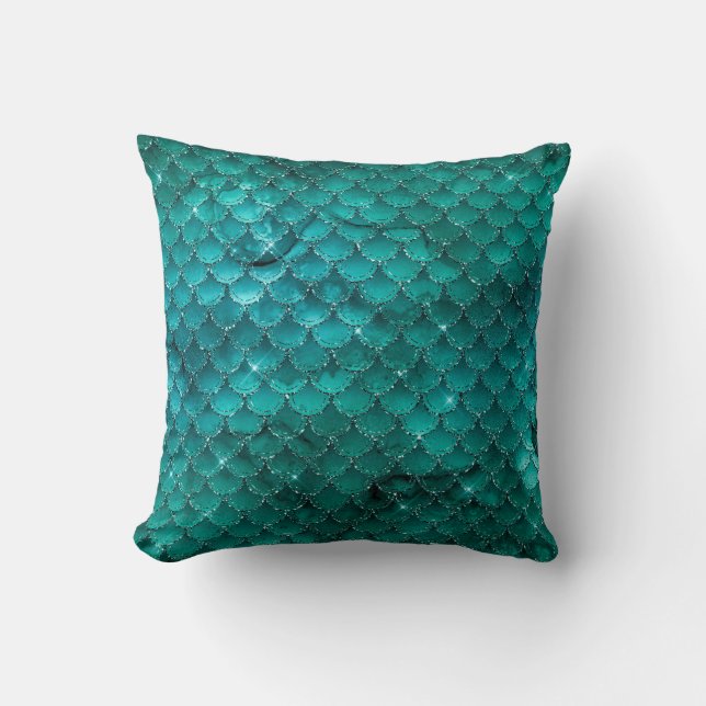 Teal Ombre Glam Mermaid Scales Pattern Cushion (Front)