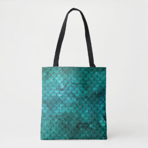 Teal Ombre Glam Mermaid Scales Pattern Tote Bag
