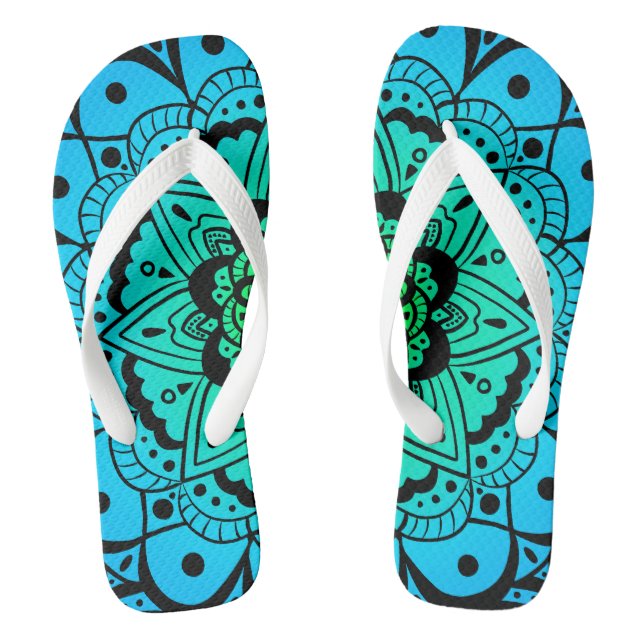 Teal Ombré Mandala Flower Pair of Flip Flops (Footbed)