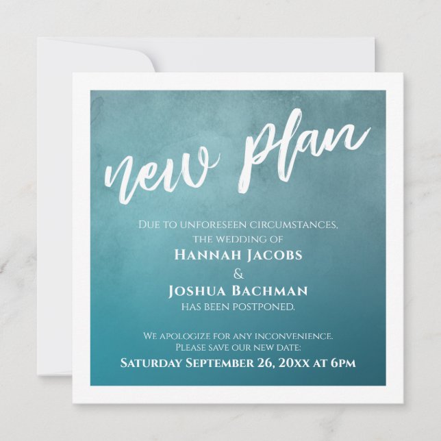 Teal Ombre New Plan Postponed Wedding Card (Front)