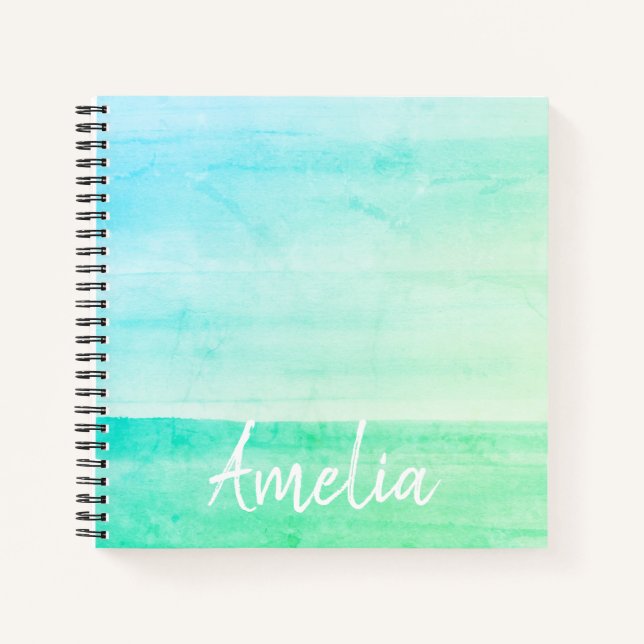 Teal Ombre Watercolor Personalised Notebook (Front)