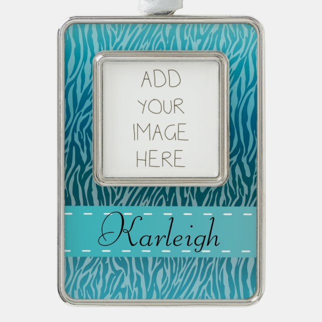 Teal Ombre Zebra print Silver Plated Framed Ornament (Front)