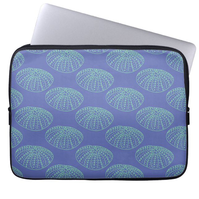 Teal on Blue Hand-drawn Sea Urchin Laptop Sleeve (Front)