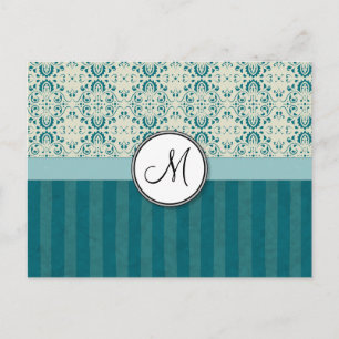 Teal on Cream Damask with Stripes and Monogram Postcard
