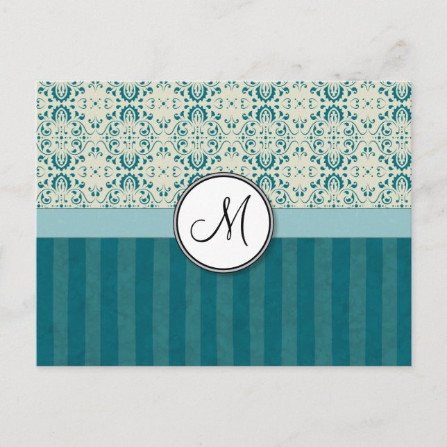 Teal on Cream Damask with Stripes and Monogram Postcard (Front)