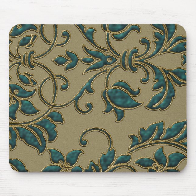 Teal on Tan Satin Damask Mouse Pad (Front)
