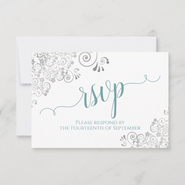 Teal on White Elegant Calligraphy Frilly Wedding RSVP Card (Front)