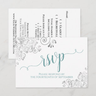 Teal on White Elegant Calligraphy Frilly Wedding RSVP Card