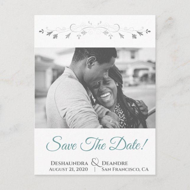 Teal on White Elegant Photo Wedding Save the Date Holiday Postcard (Front)