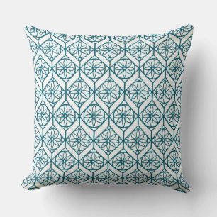Teal on White Ethnic Pattern, Flowers, Chevrons Cushion