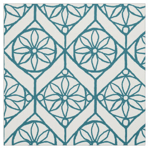 Teal on White Ethnic Pattern, Flowers, Chevrons Fabric