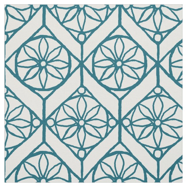Teal on White Ethnic Pattern, Flowers, Chevrons Fabric (Swatch)