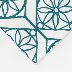 Teal on White Ethnic Pattern, Flowers, Chevrons Fleece Blanket