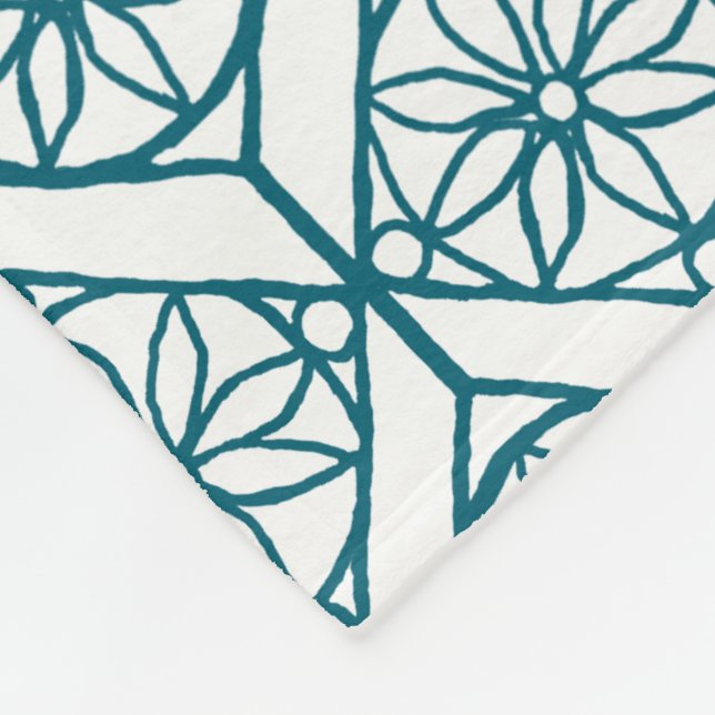 Teal on White Ethnic Pattern, Flowers, Chevrons Fleece Blanket (Corner)
